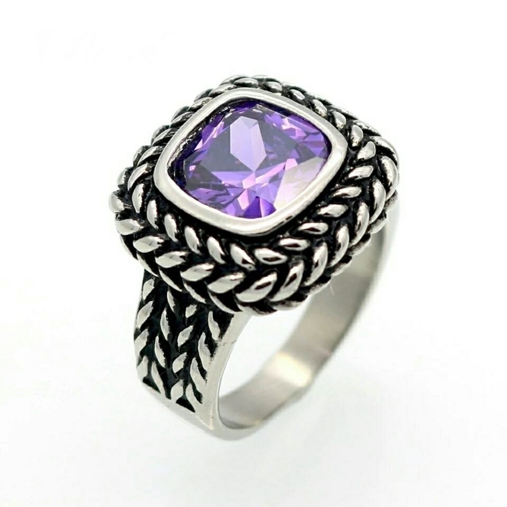Chunky Amethyst CZ & Stainless Steel - Sz 6, 7, 8, 9 & 10